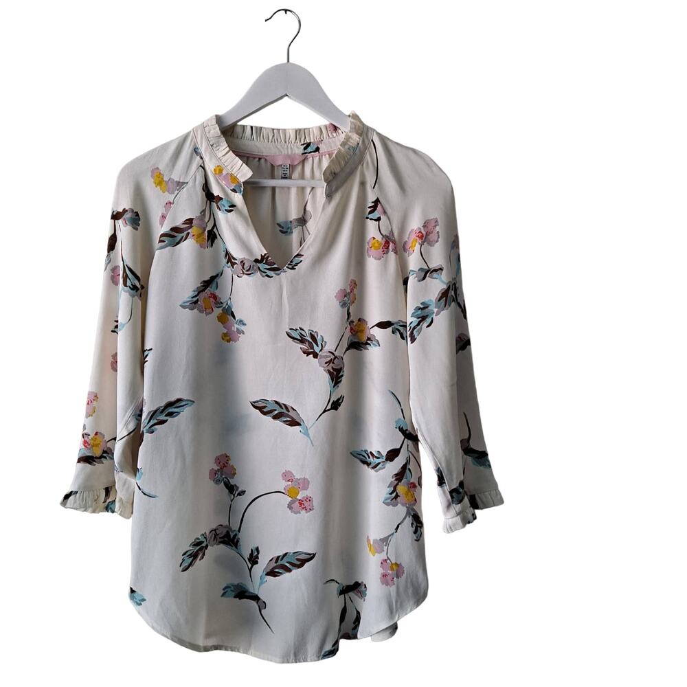 Joules Bethany Cream Multicolor Floral Ruffle V neck Long Sleeve Blouse -Size 4